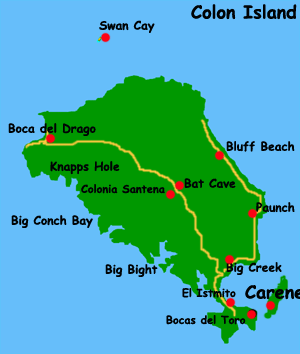 Map El Istmito Beach, Isla Colon, Bocas del Toro